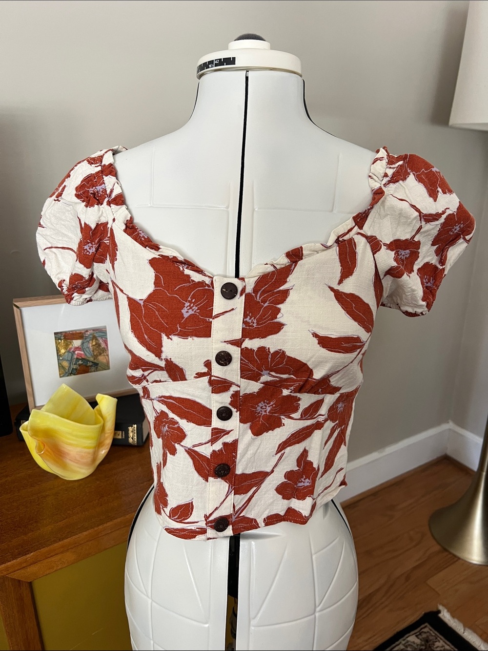 Square-Neck Puff Sleeve Crop Top - Cream with Rust Floral